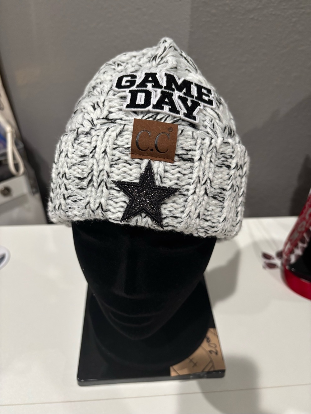 HAT BAR C.C Game Day Knit Beanie in White and Black